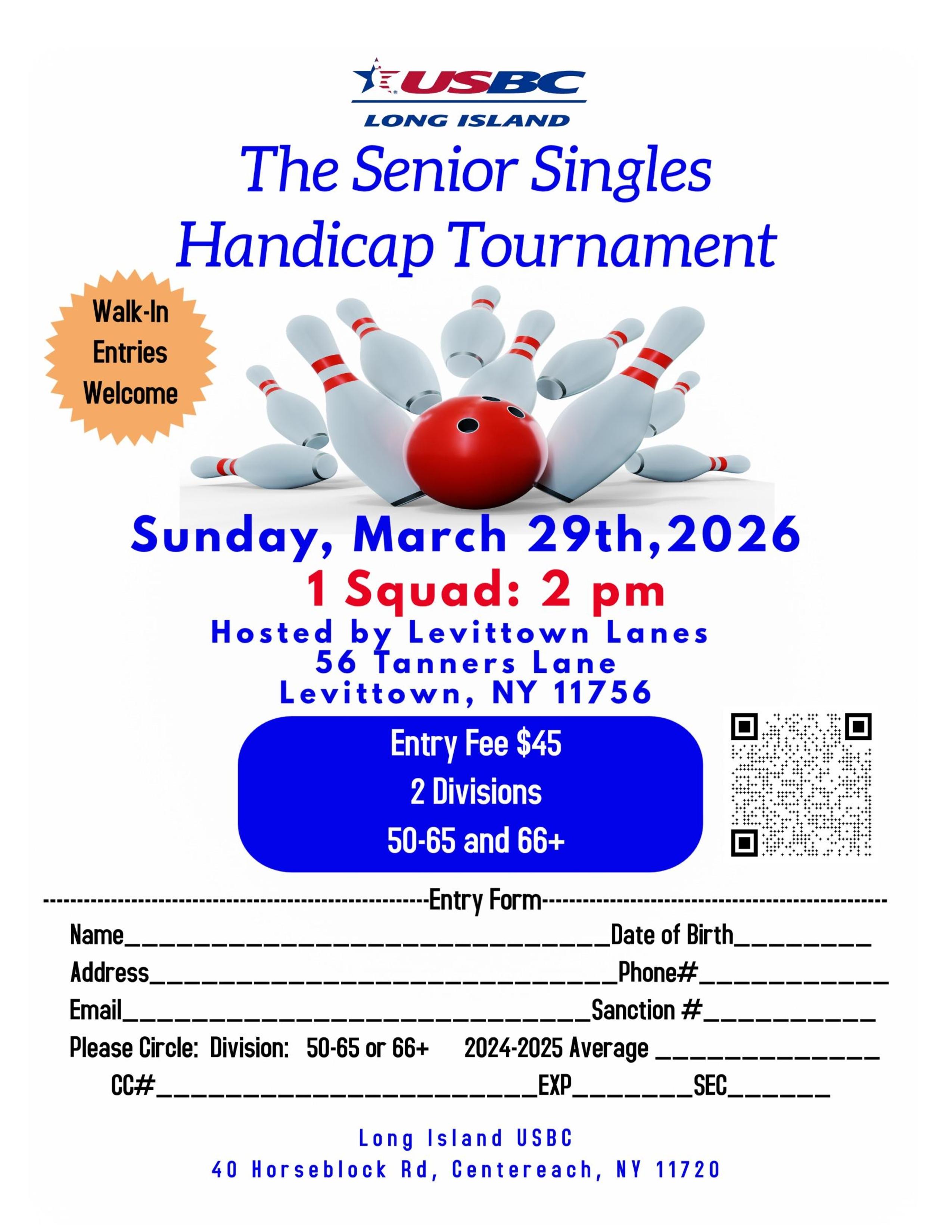 Levittown Lanes hosting the LIUSBC Senior Singles Handicap Tournament, March 29th, 2026