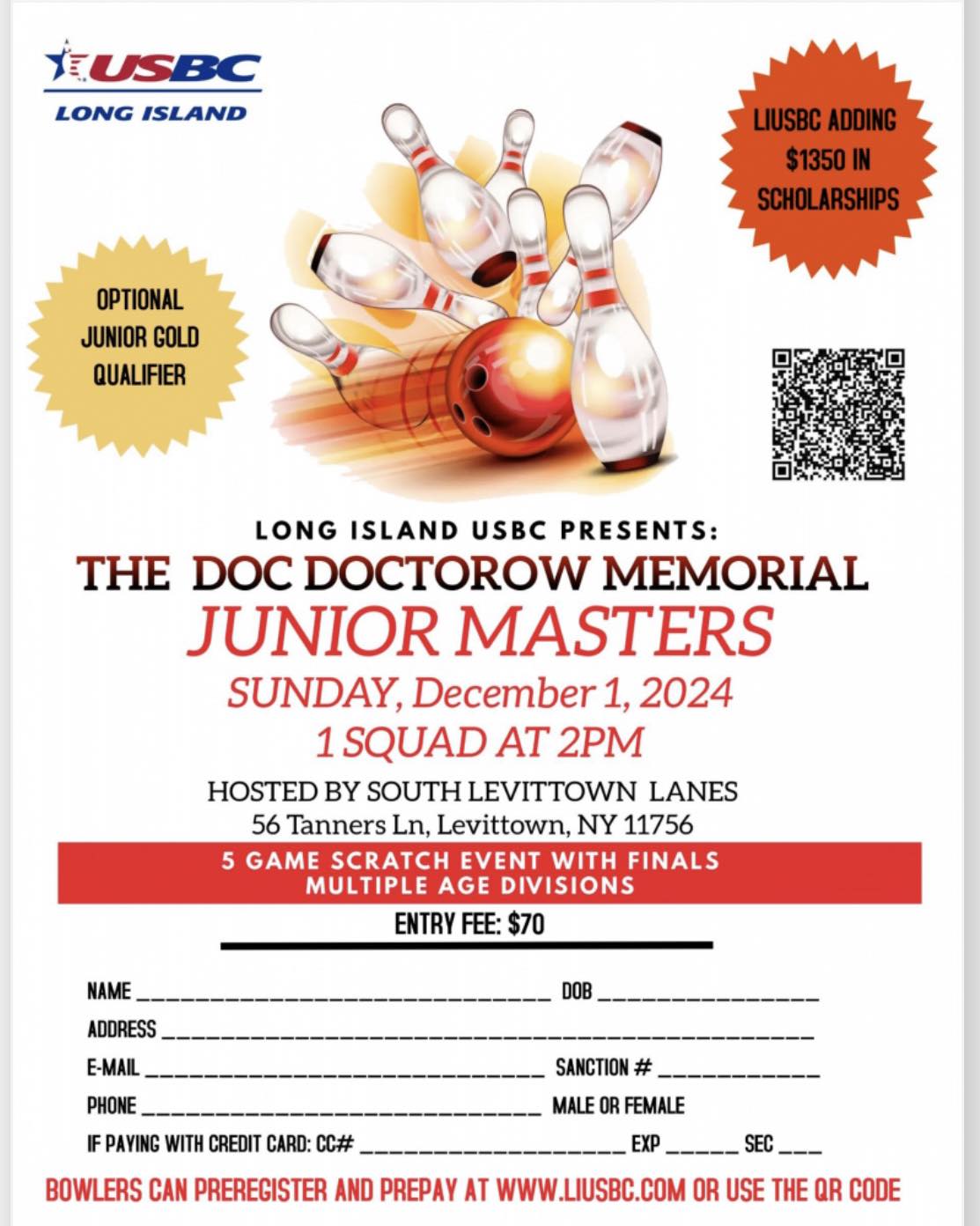 LIUSBC presents The Doc Doctorow Junior Masters Tournament, hosted by Levittown Lanes, Dec 1st, 2024