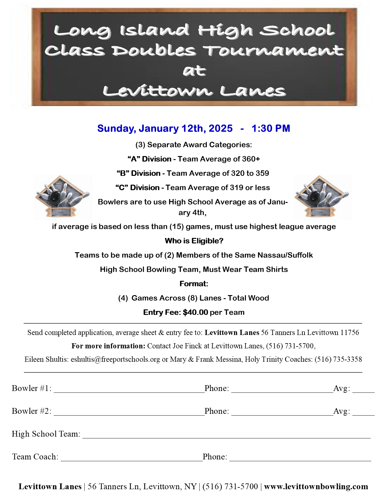 LI High School Doubles Tournament, Jan 12th, 2025, Flyer