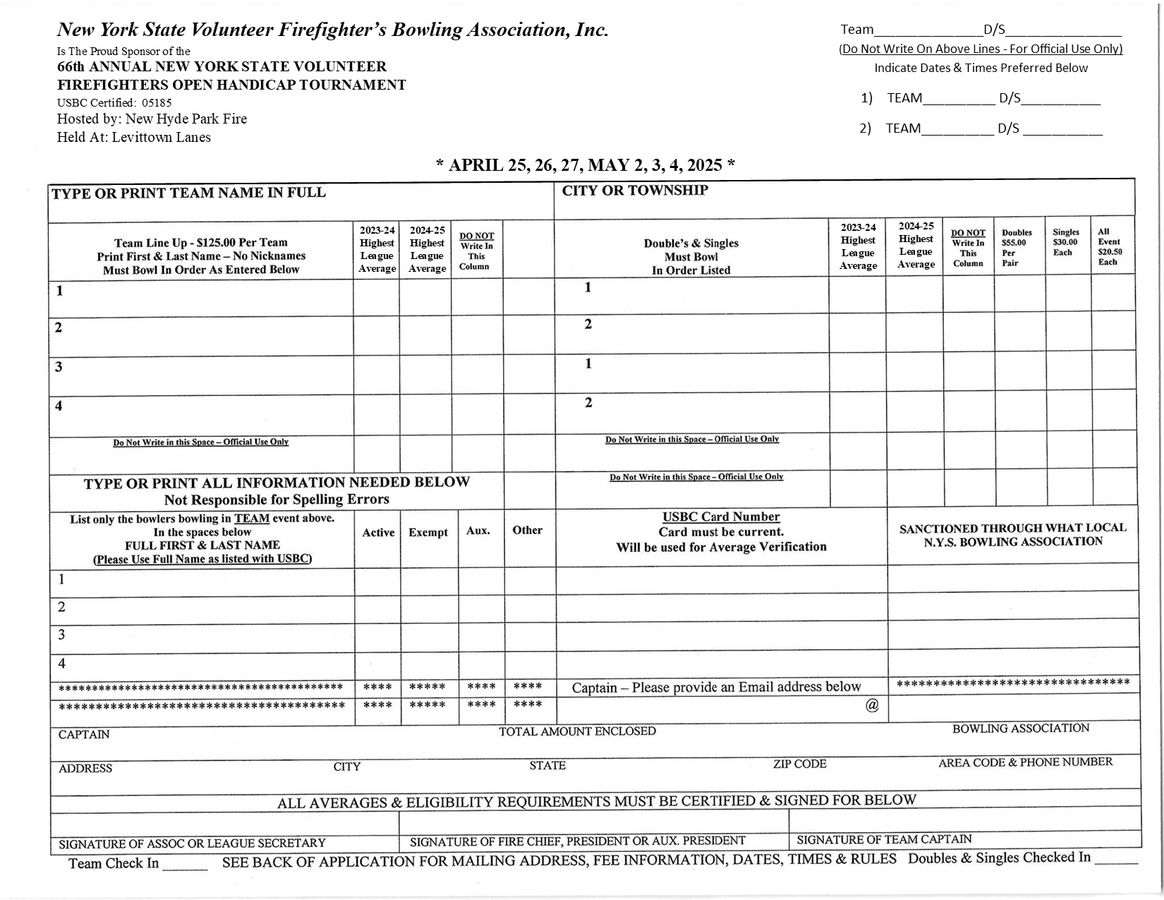 66th Annual NYS Volunteer Firefighters Open Handicap Tournament Application