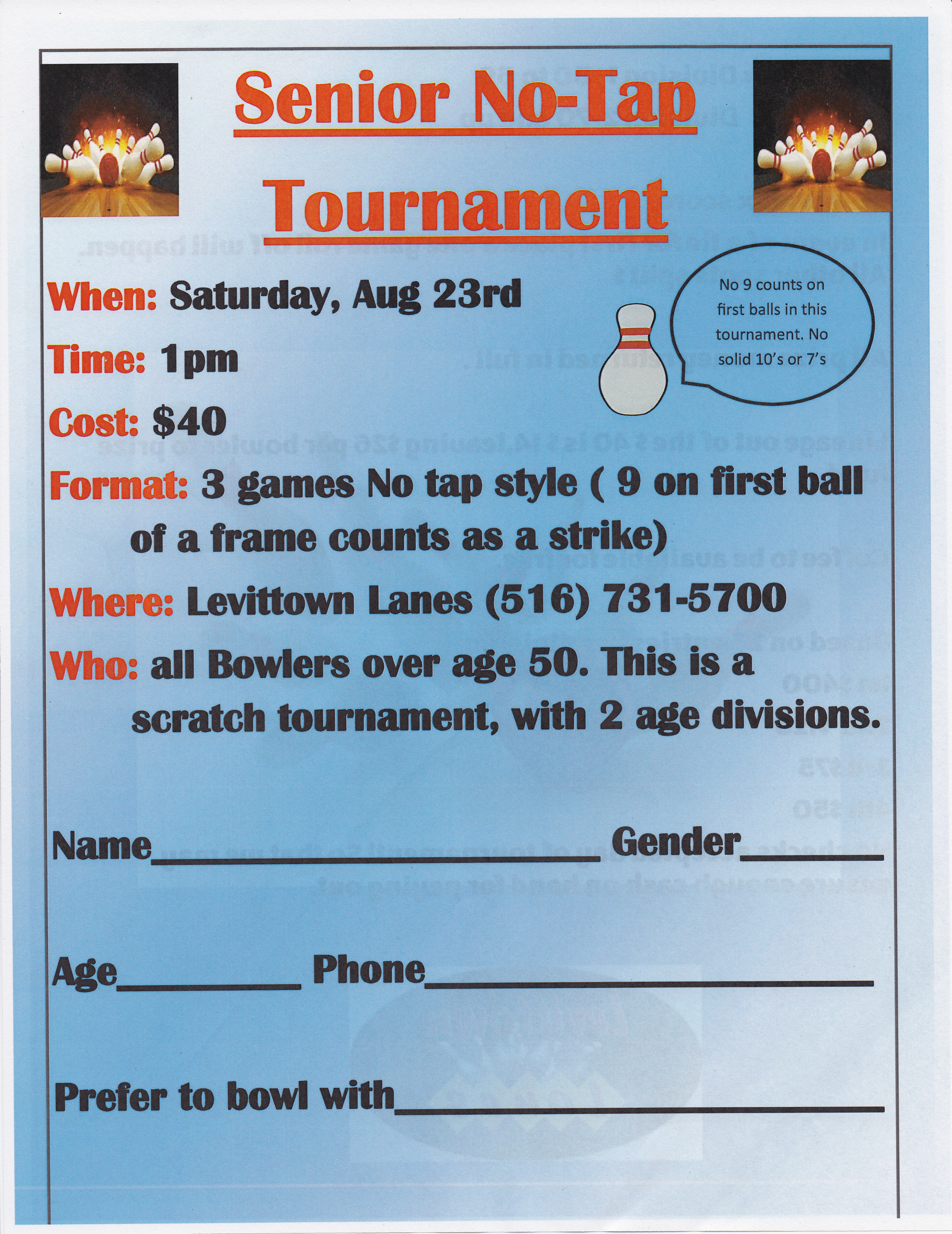 Levittown Lanes Senior No-Tap Tournament, Aug 23rd, 1PM