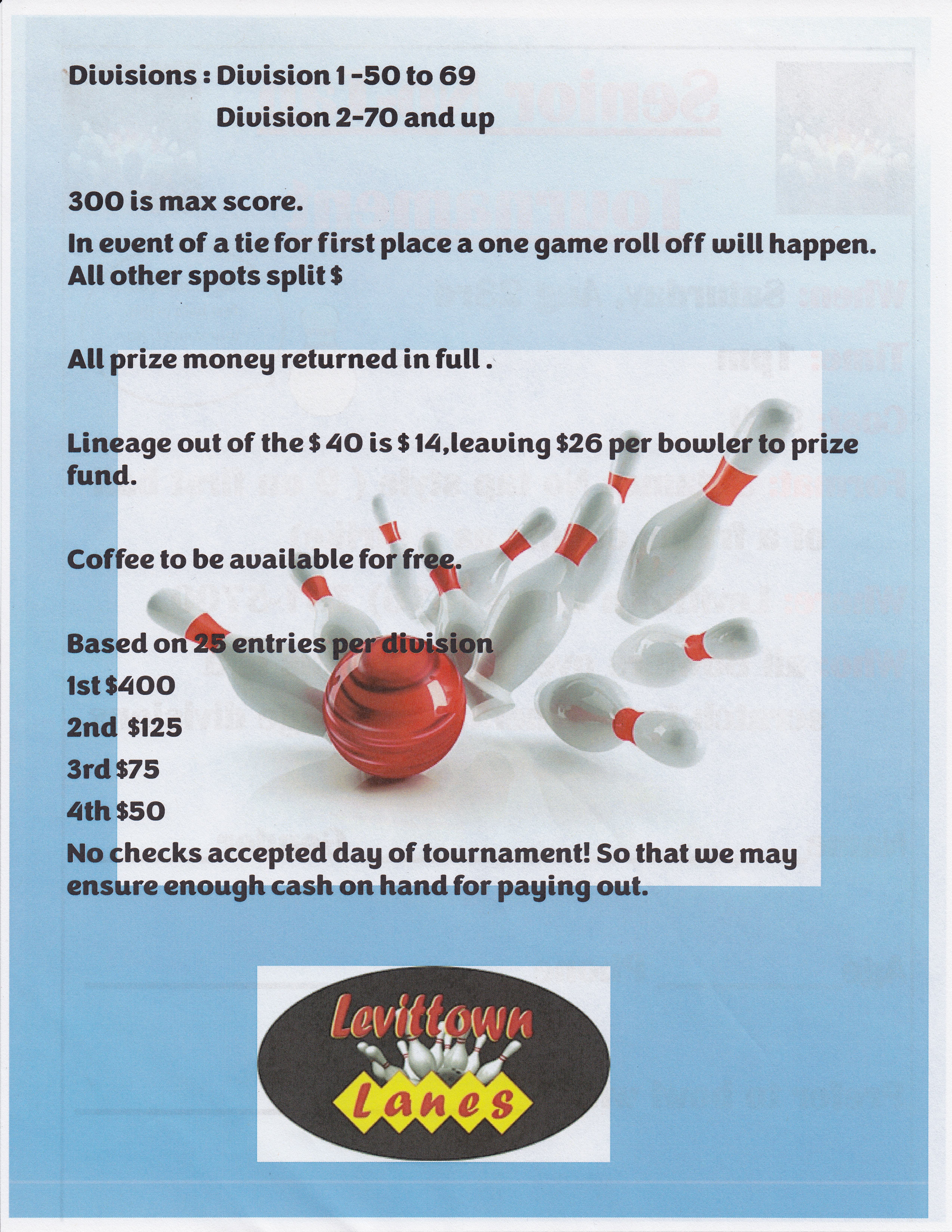 Levittown Lanes senior No-Tap Tournament, Aug 23rd, 1PM