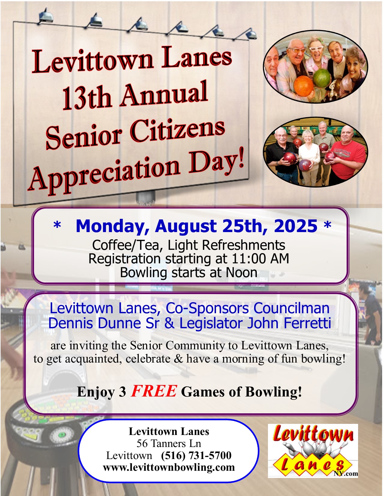 Join Us for Our 13th Annual Senior Citizens Appreciation Day - Thursday , August 25th, 2025, Registration starts 11AM Bowl from Noon till 2PM