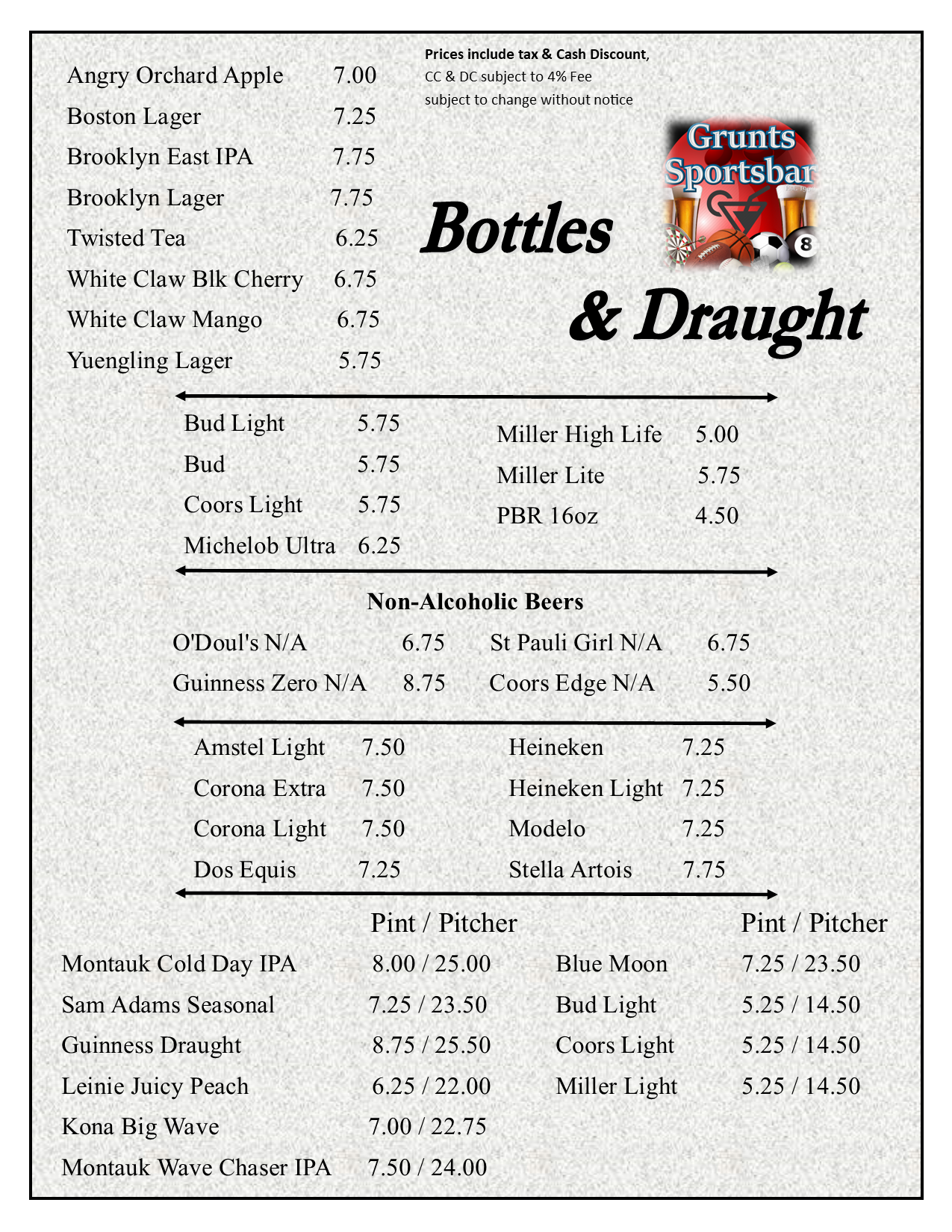 Grunts Sports Bar Beer List