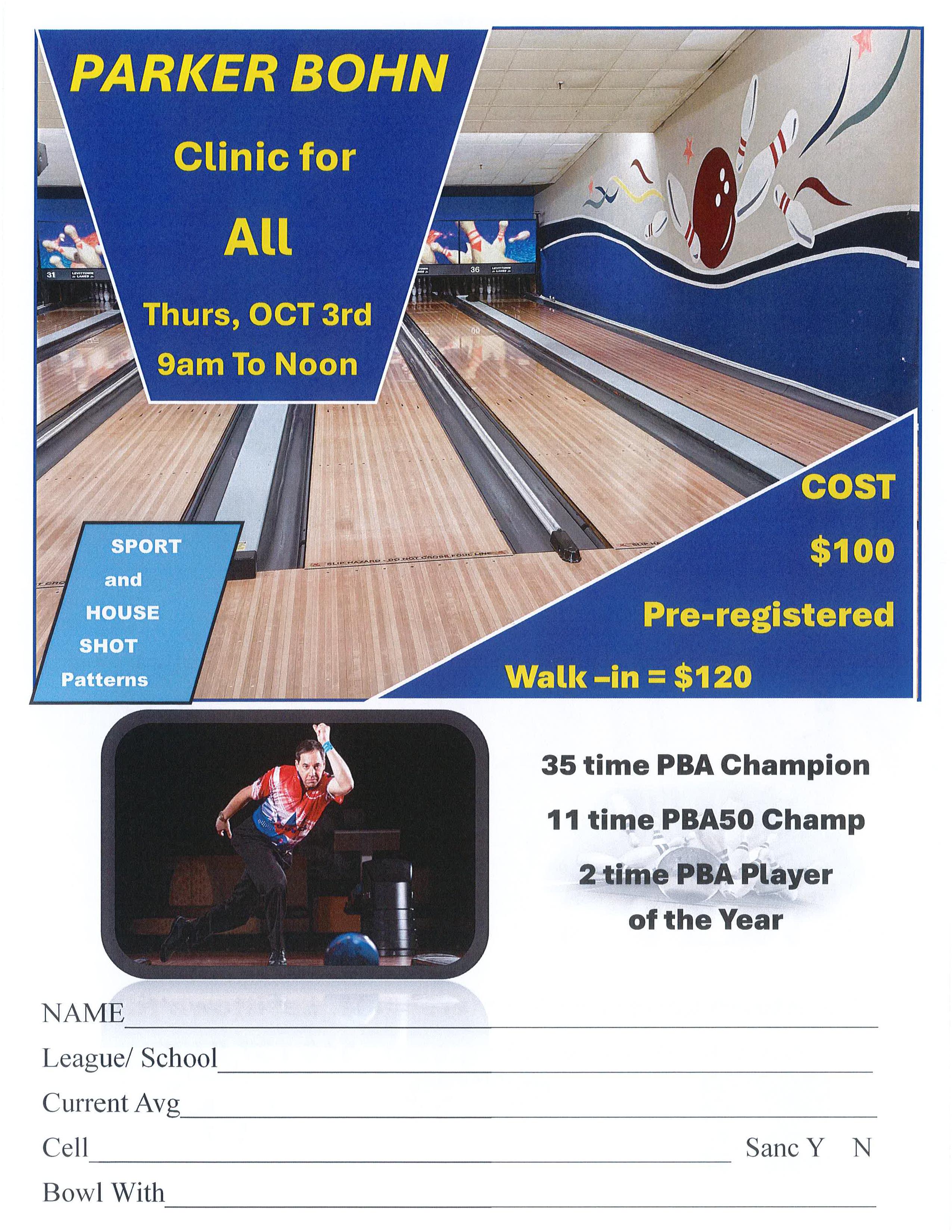 Join Us, Parker Bohn III Instructional Clinic.  ALL Welcome! Thurs, Oct 3rd, 9:00am to Noon