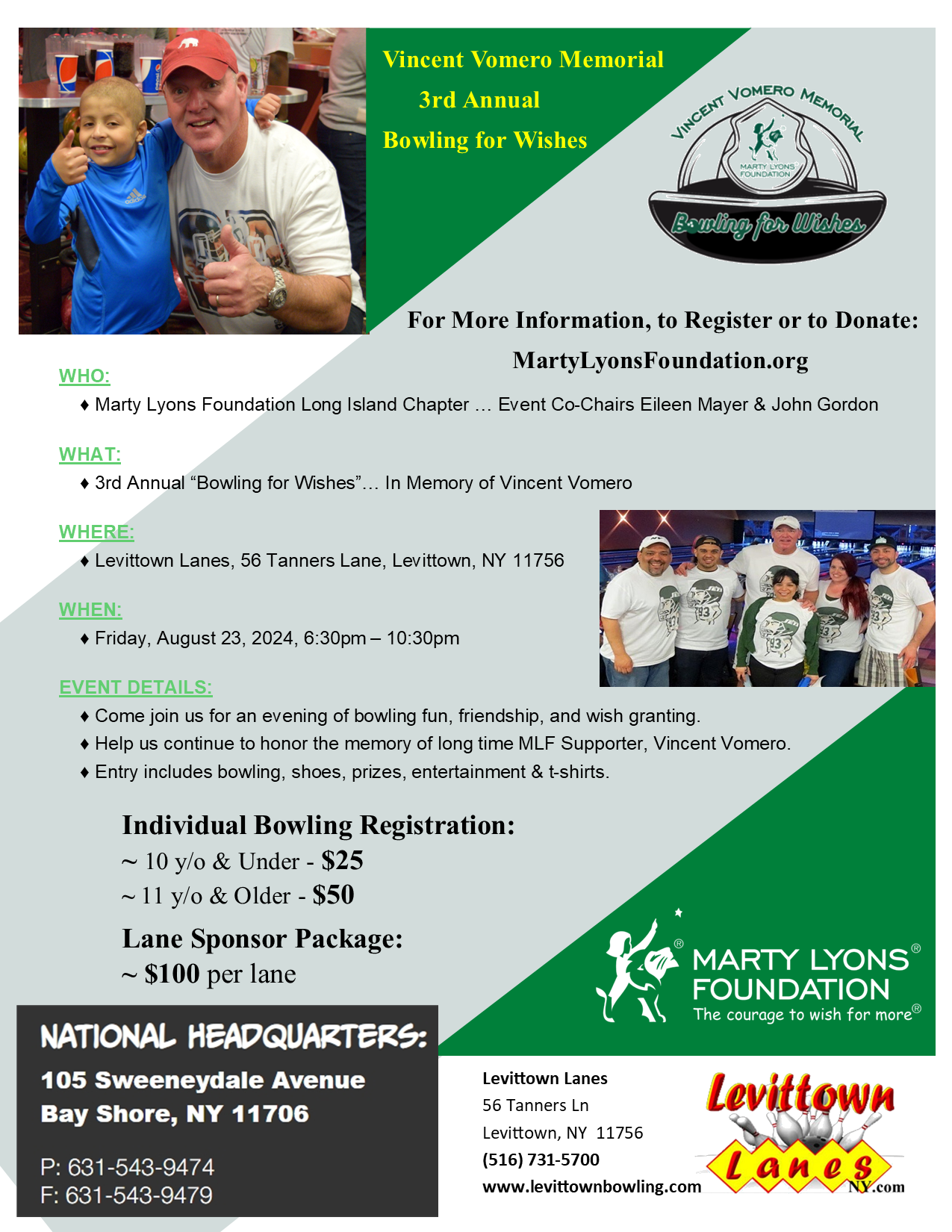 3rd Annual Vincent Vomero Bowling for Wishes Event, Friday, August 23, 2024