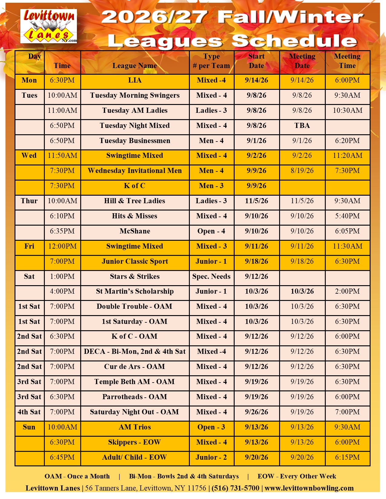 Fall/Winter 2026/2027 League Schedule