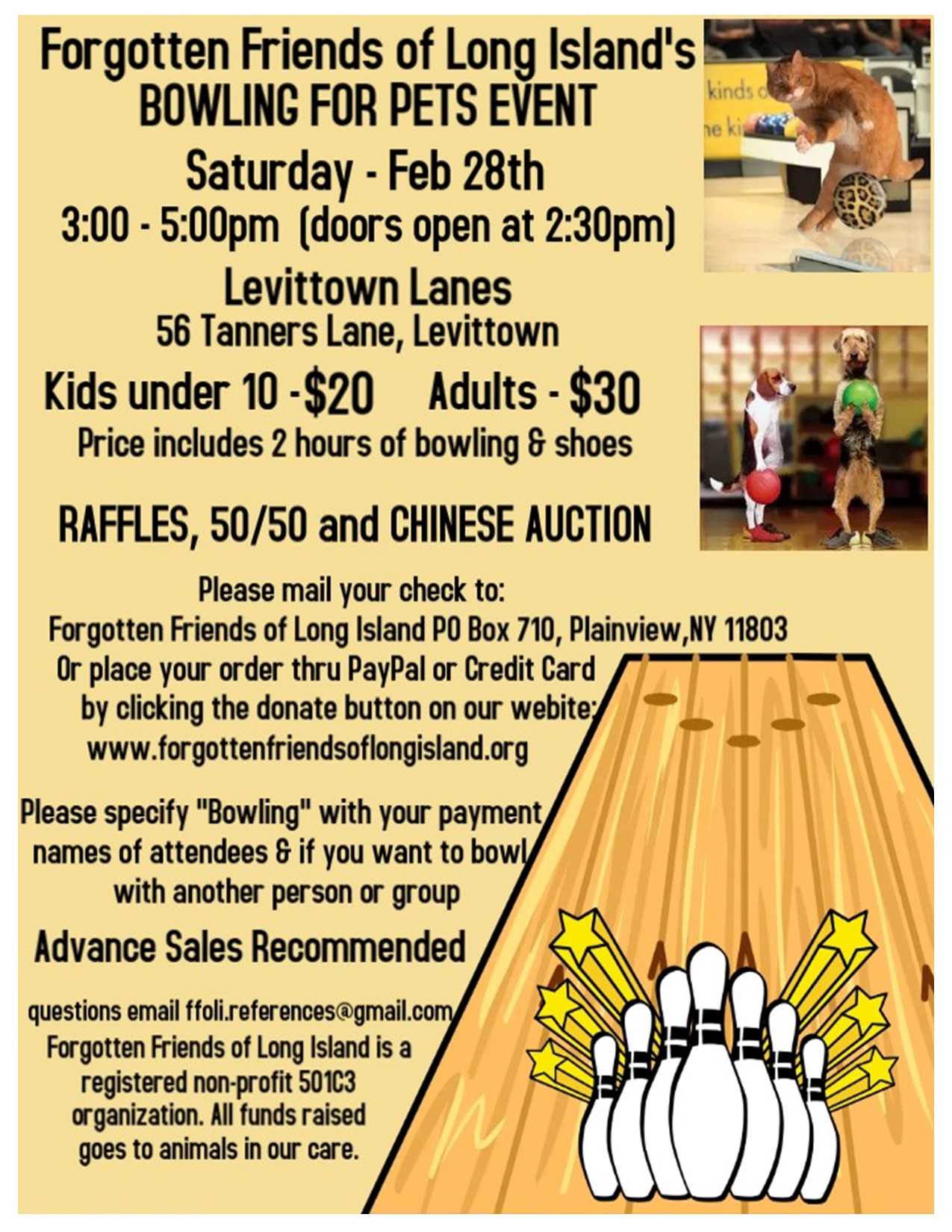 Forgotten Friends of Long Island's Bowling for Pets Event, Feb 28th, 3pm to 5pm
