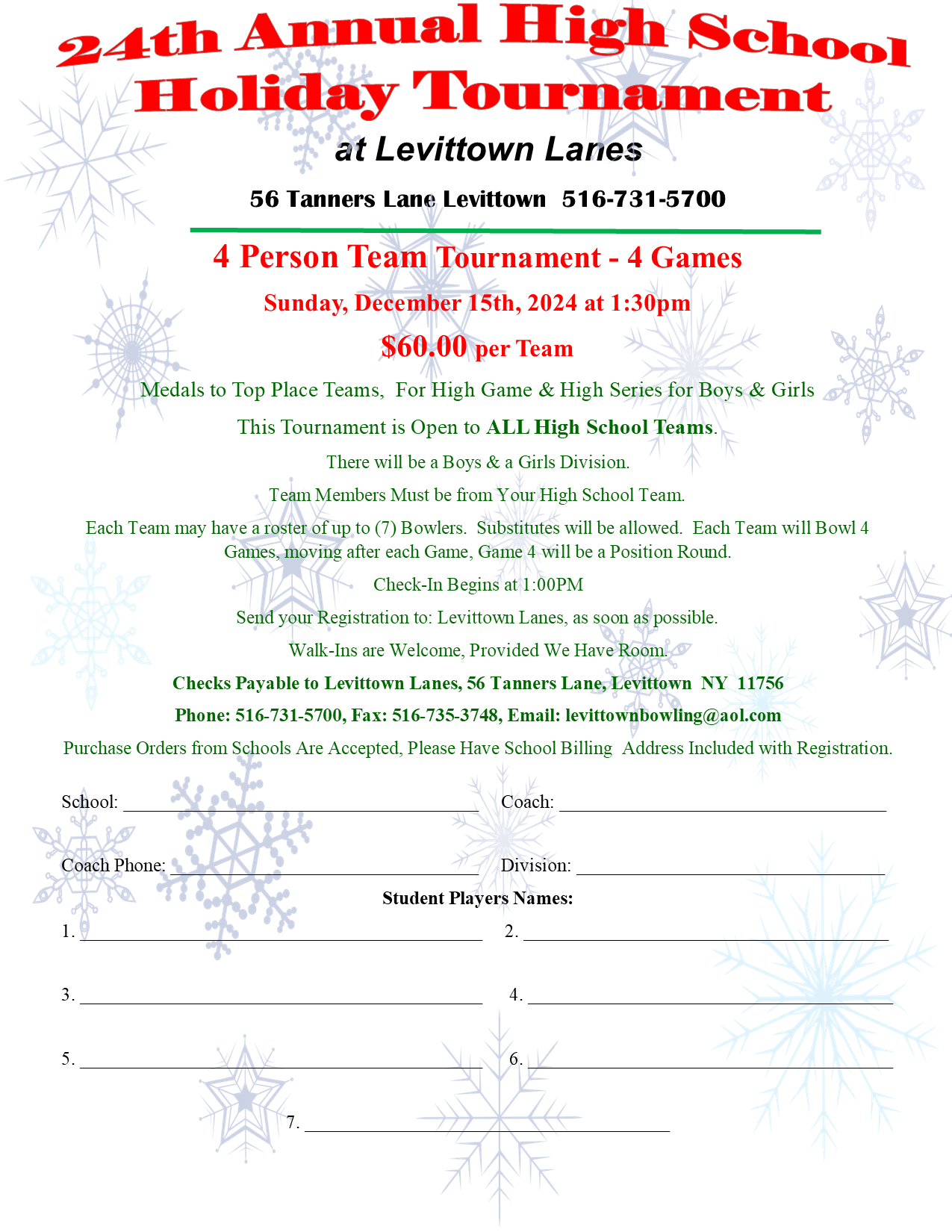 LI High School Annual Holiday Tournament - Dec 15th, 2024, Flyer