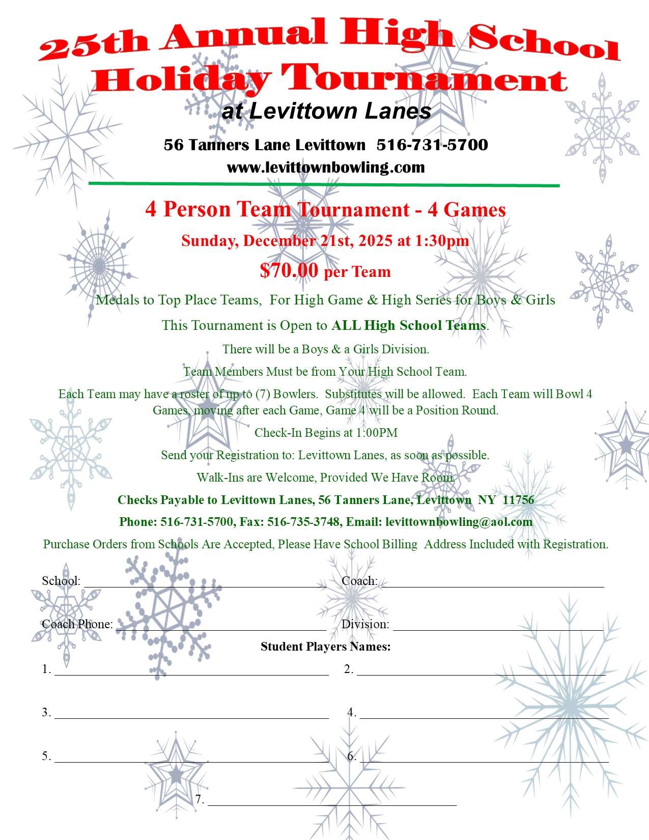 LI High School Annual Holiday Tournament - Dec 21st, 2024, Flyer