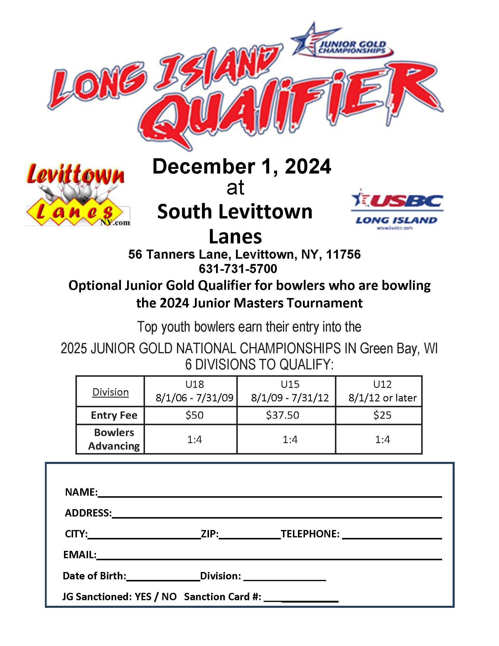 Long Island Qualifier - Optional Junior Gold Qualifier for bowlers bowling in the Junior Masters