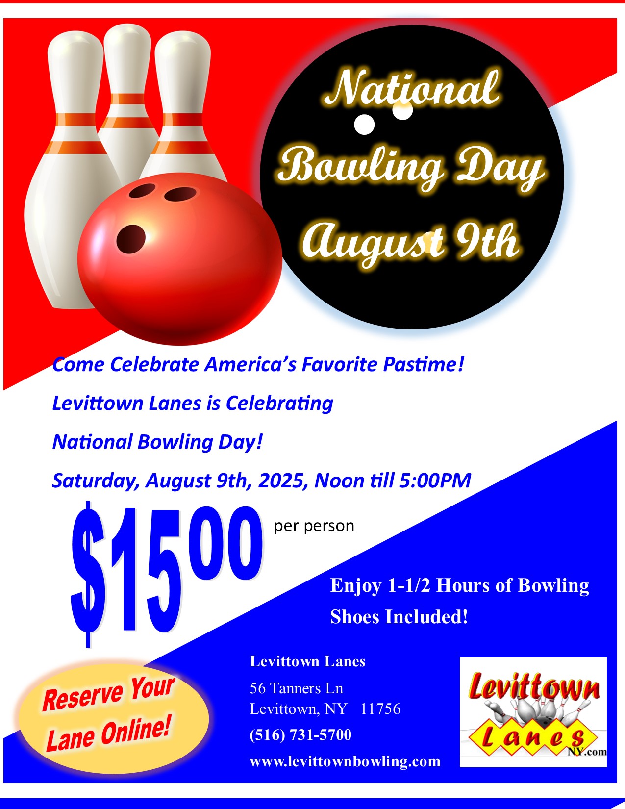Join us for National Bowling Day, Saturday, August 9th, 2025