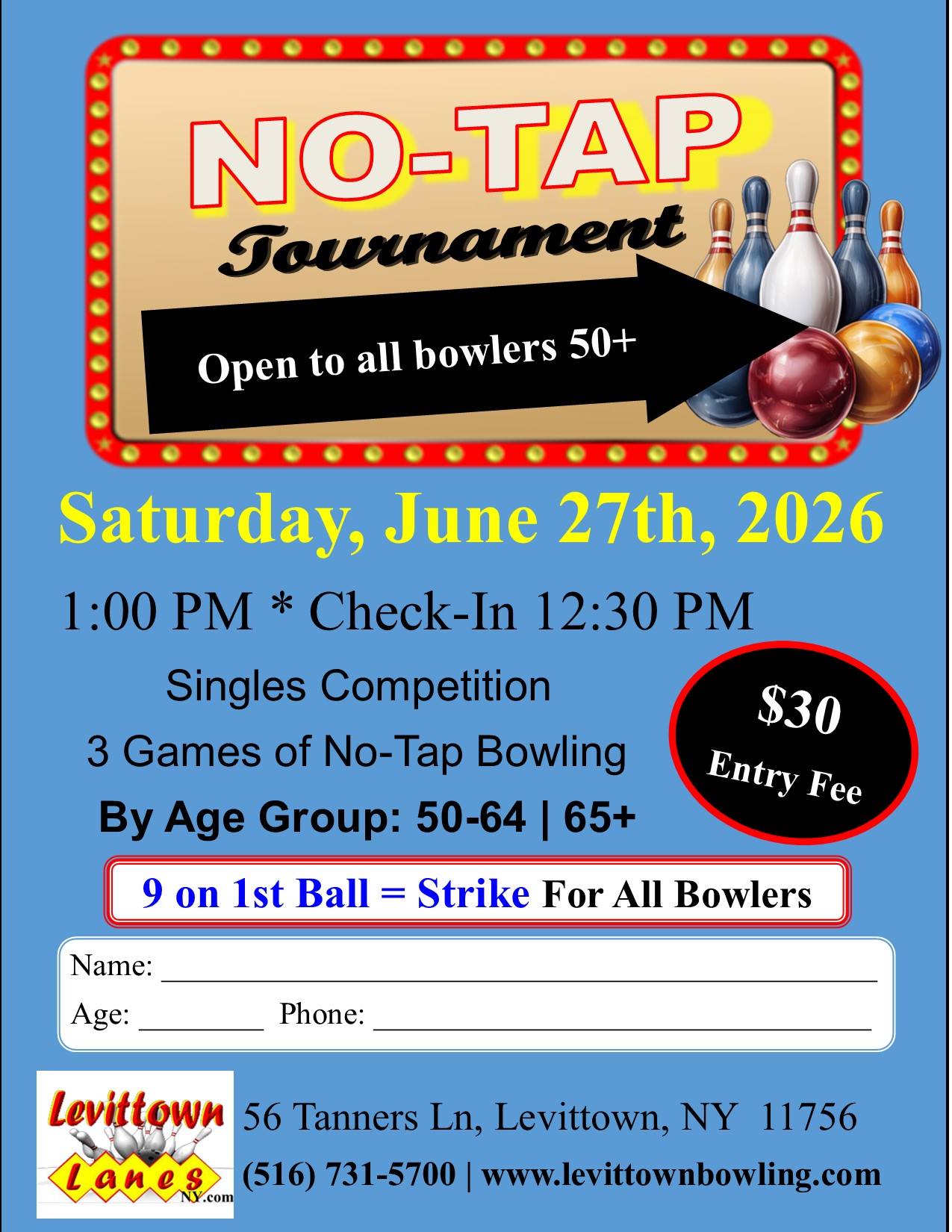 No-Tap Tournament - Open to All Bowlers 50+ - June 27th, 2026, 1 PM