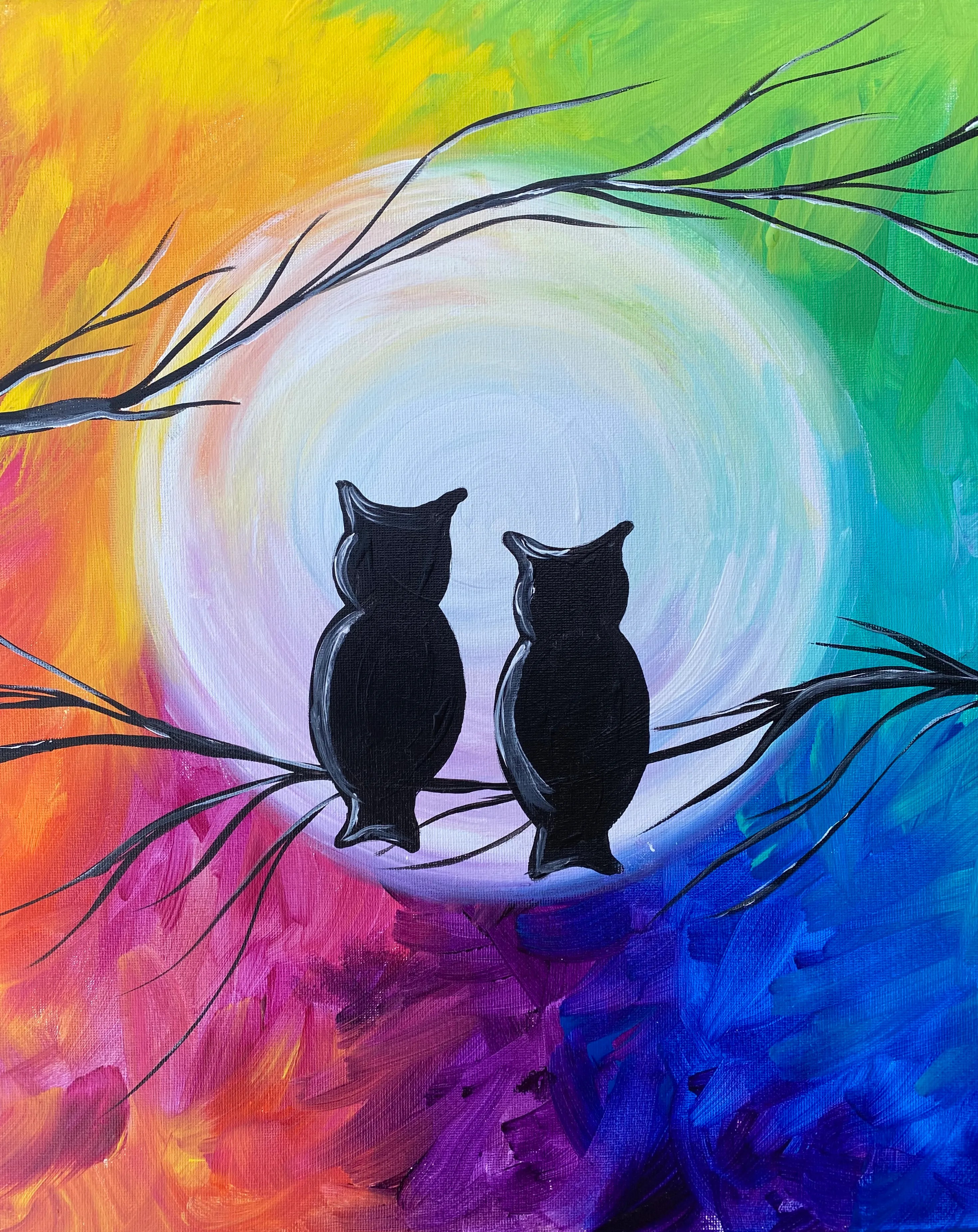 Join us for a Paint Night Event, Mar 21st, at 7PM - Owls Under the Rainbow Sky